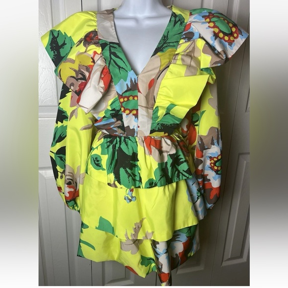 CHRISTOPHER JOHN ROGERS Dress Ruffle Tiered Yellow Mini Target Floral V Neck 4 - Picture 2 of 14
